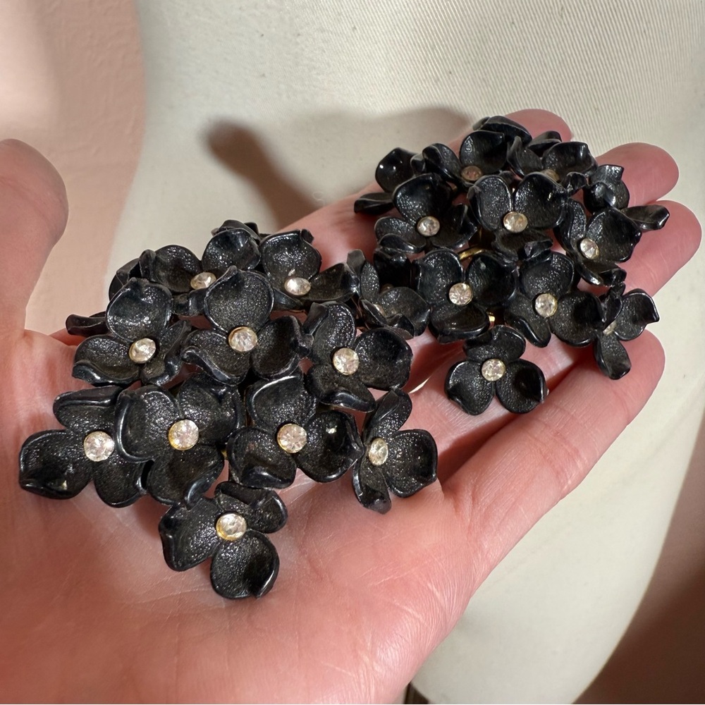 Vintage black plastic lucite Flower cluster Oversized Earrings HUGE